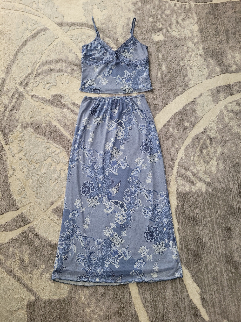 Blue Floral Lace-Trim Cami & Maxi Skirt Outfit Size L
